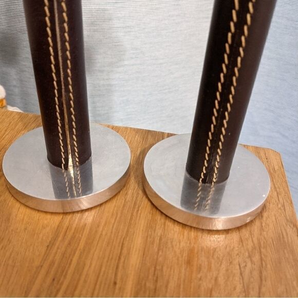 Tall candle stick holder leather like elements set of 2 candleholder - Picture 4 of 7